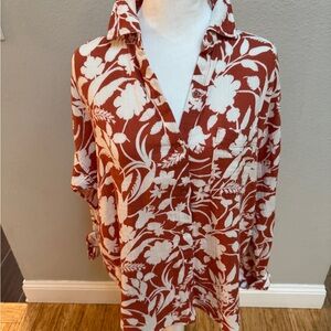 Rust orange and White Floral Button-Up Shirt